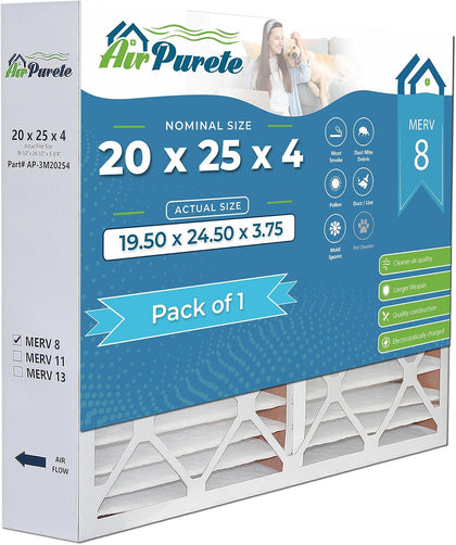 20x25x4 MERV 8 Air Filter, Pack of 1, Actual Size 19.50 x 24.50 x 3.75, Pleated HVAC Furnace Filter, Replacement for