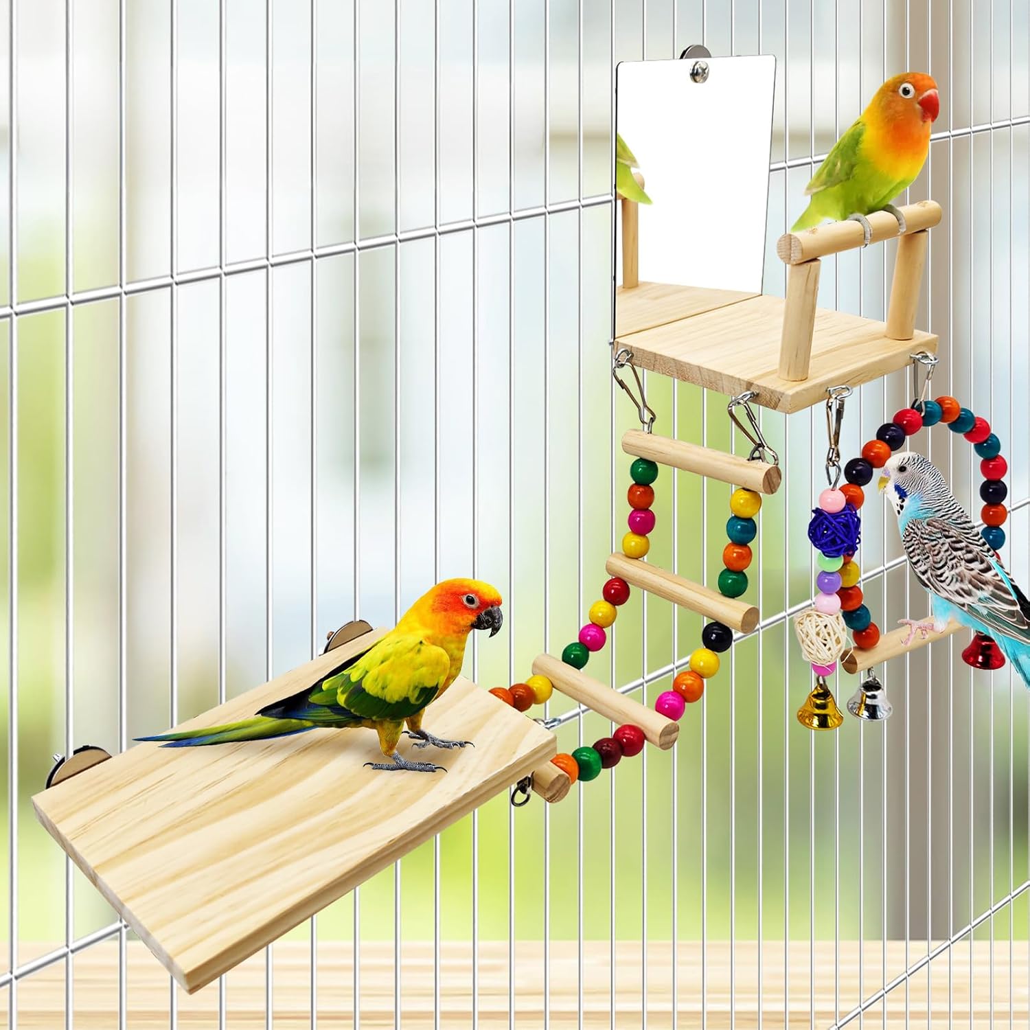 Bird Perch Platform with Mirror, Wooden Climbing Ladder for Parakeet, Small Bird Swing Toys with Hanging Chewing