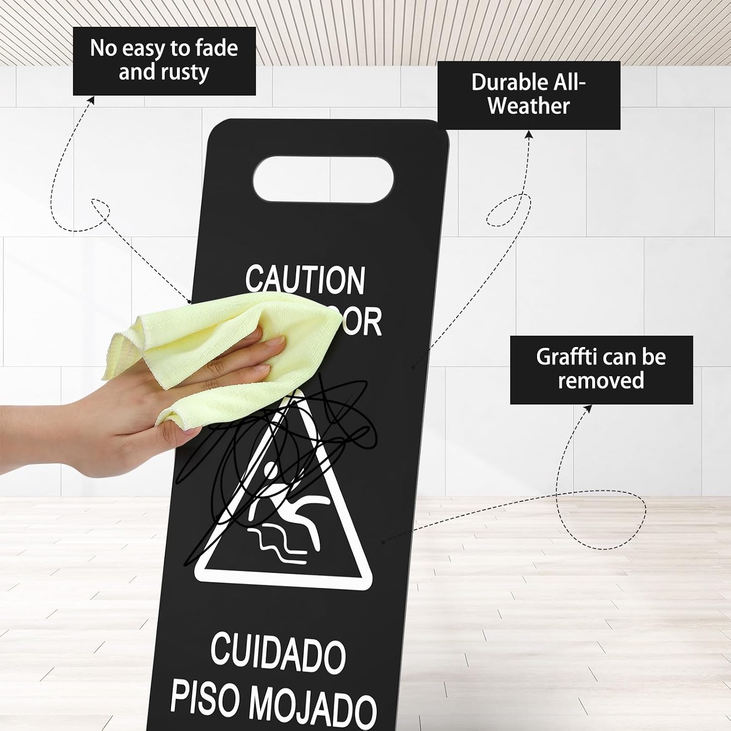 2 Pcs Stainless Steel Caution Wet Floor Sign 22 Inch Heavy Duty Bilingual Wet Floor Sign Portable L-frame Safety