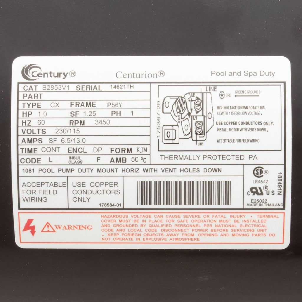 B2853V1 Pool Pump Motor, Century, 1.0hp, 115/230v, 1-Spd, 56YFr, SQFL, Uprated