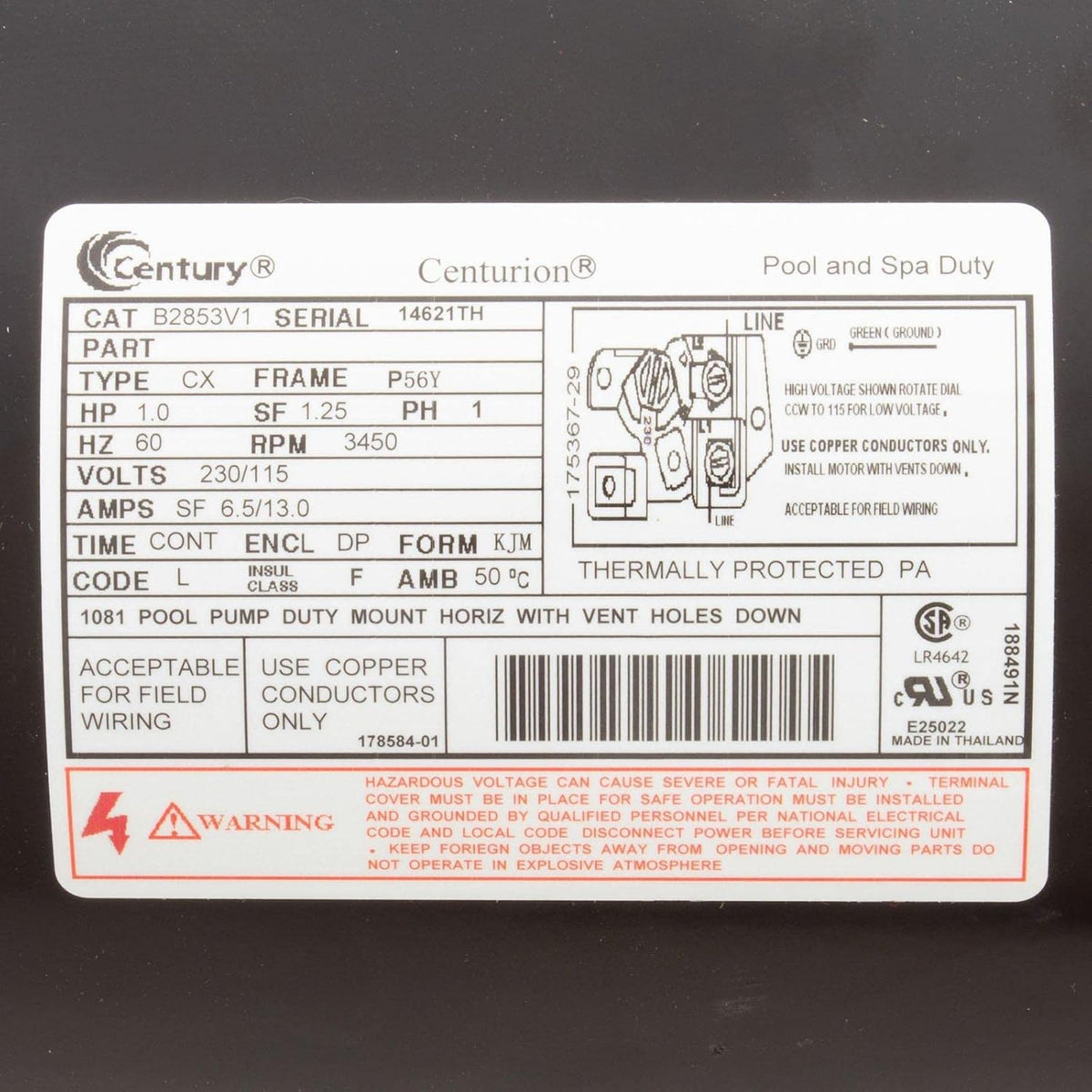 B2853V1 Pool Pump Motor, Century, 1.0hp, 115/230v, 1-Spd, 56YFr, SQFL, Uprated