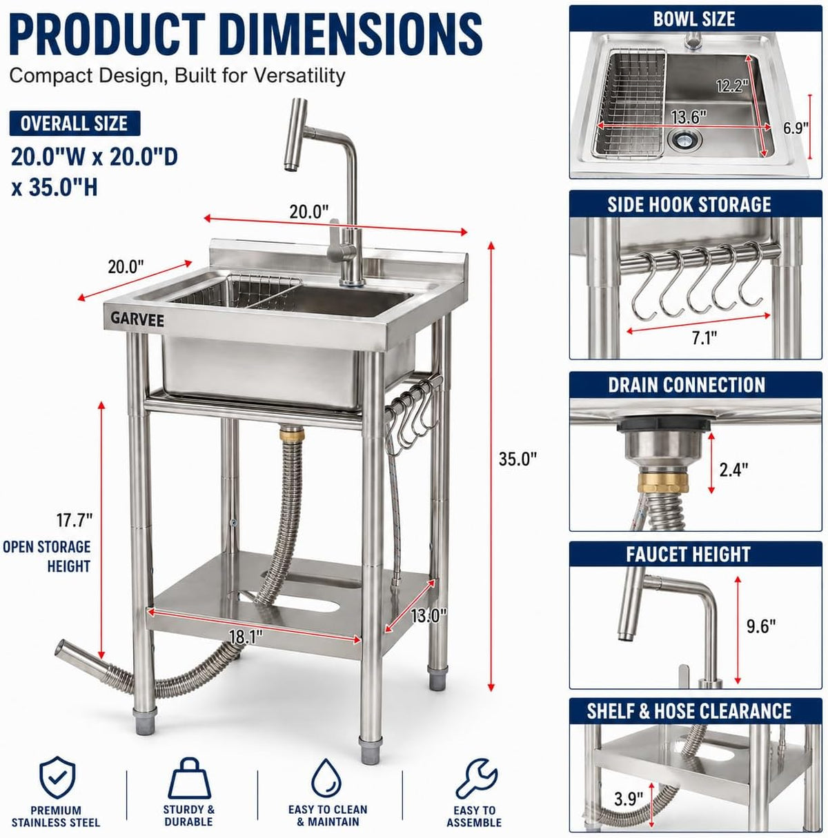 Freestanding Utility Sink 20" x 20" x 35", Stainless Steel Single Bowl Freestanding with T-Shaped Faucet, No Drawer