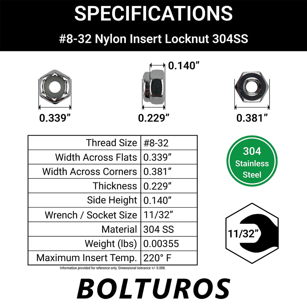 #8-32 Nylon Insert Locknuts 304 Stainless Steel - Pack of 25