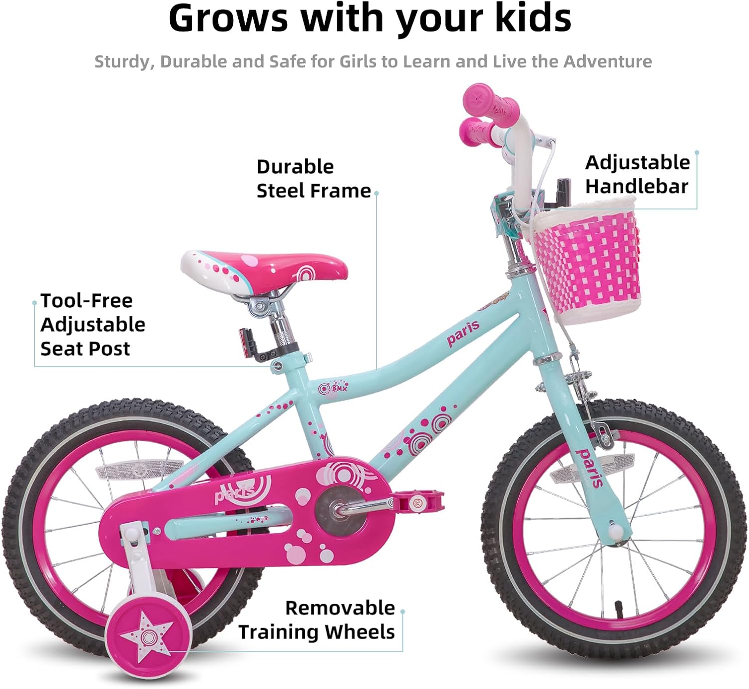 Paris Girls Bike with Training Wheels for Ages 3-10Y | 14-20 Inch Kids Bike with Training Wheels Basket & Handbrake
