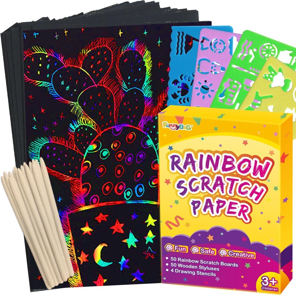 100 Pcs Rainbow Scratch Paper Art for Kids Arts and Crafts Kit | Rainbow Scratch Paper Set Supplies School Activities