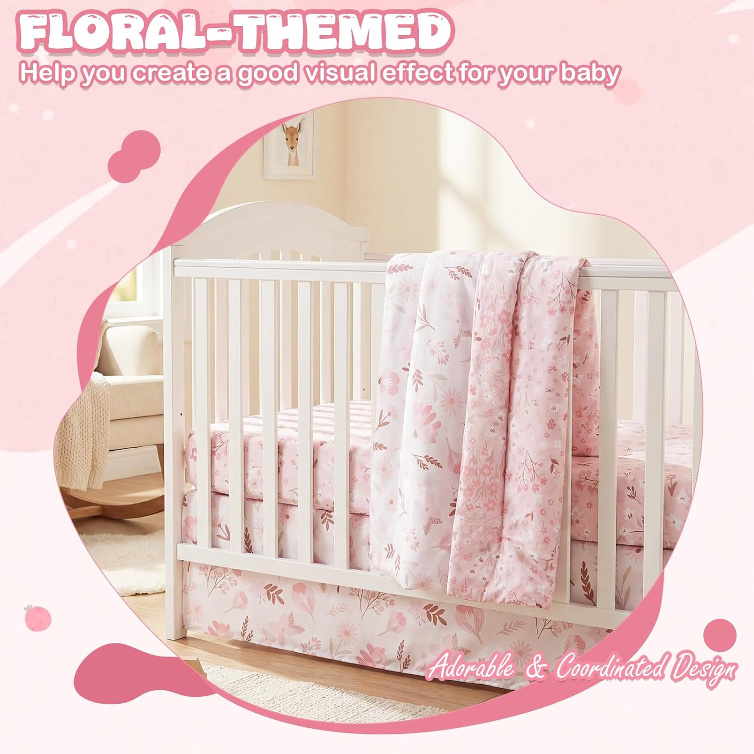 4 Pieces Crib Bedding Set for Girls and Boys, Soft Baby Bedding Set Including Crib Skirt, Comforter, Sheet and Diaper