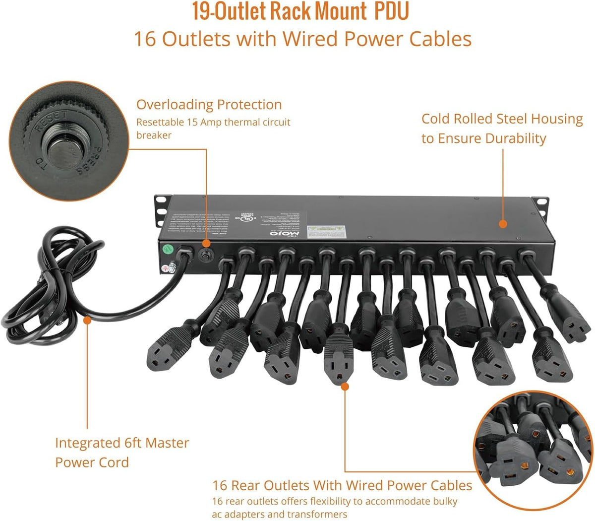 1U Rack Mount 19 Outlet PDU Power Distribution Unit Circuit Breaker fits 19-inch AV/Network/Server