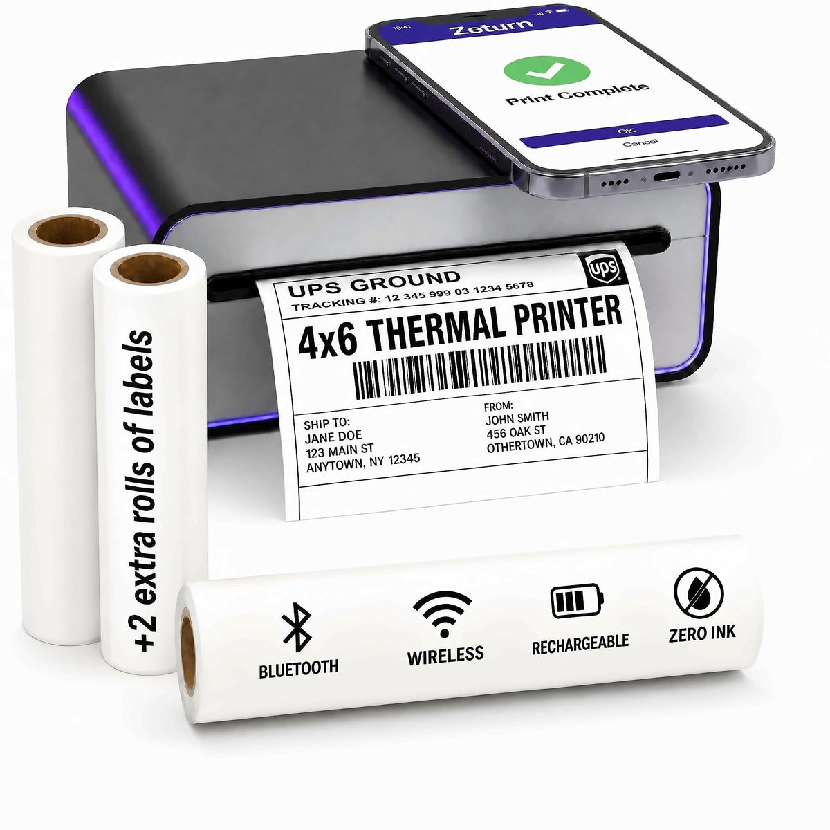 4x6 Thermal Label Printer - Bluetooth, Wireless, 2 Extra Label Rolls