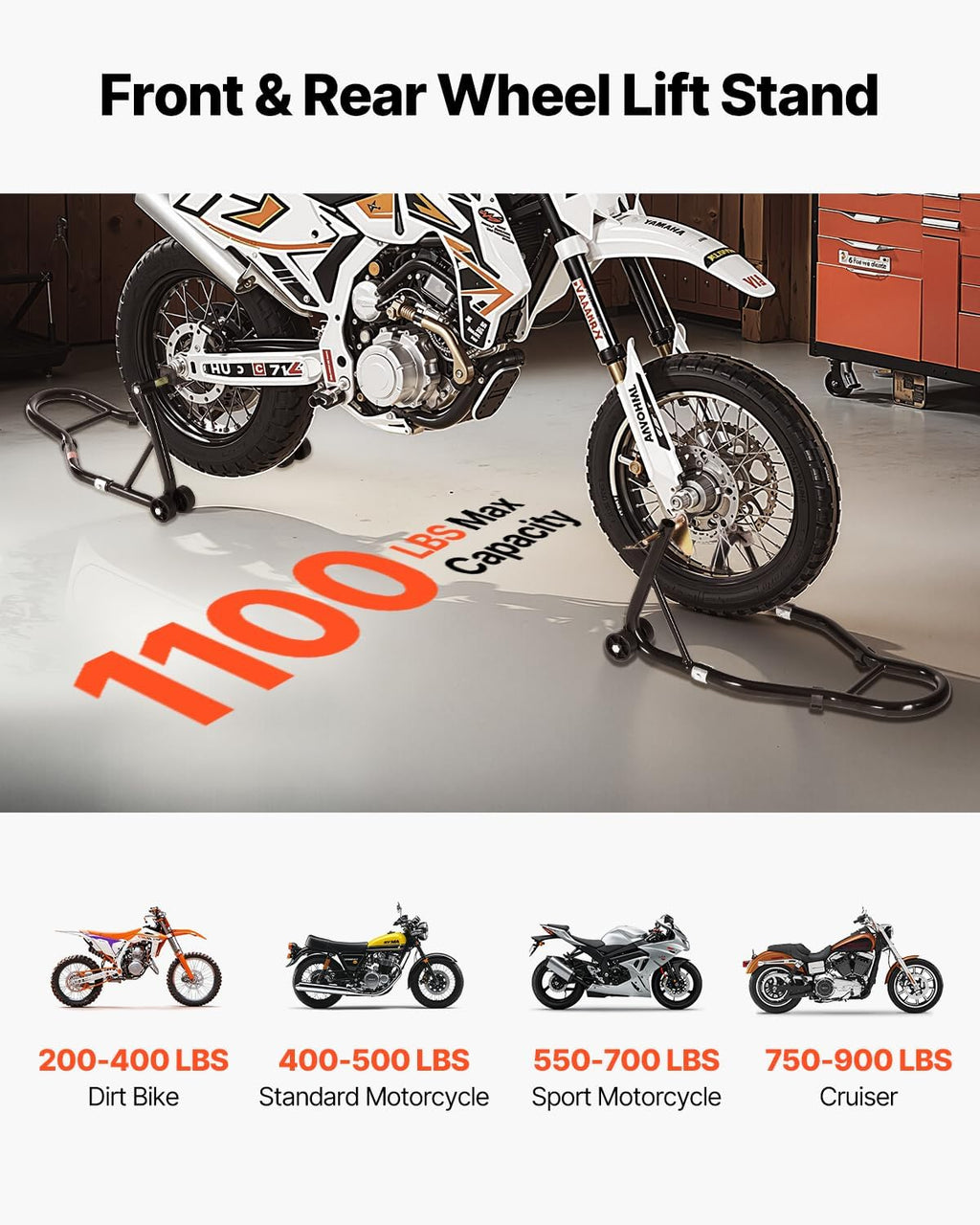 Motorcycle Stand Lift, 1100lbs Capacity Front Rear Combo Stand Lift, Front Wheel Dual-Fork Stands, Rear U+L Fork