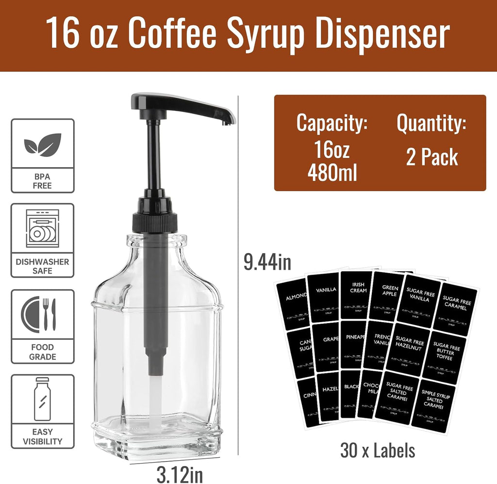 16oz Coffee Syrup Dispenser 2-Pack with BPA-free Plastic Pump