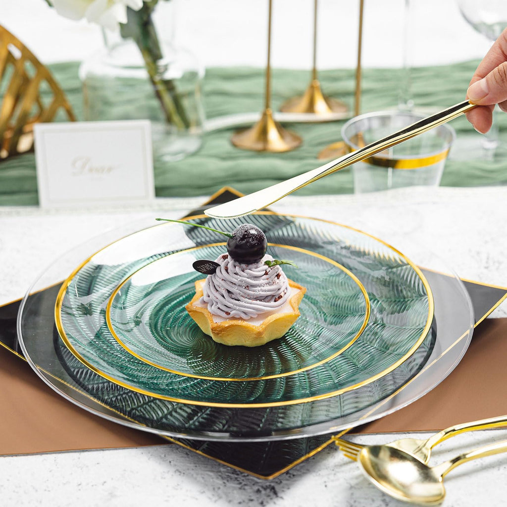 180PCS Green Plastic Plates Gold Rim, Disposable Party Dinnerware Set