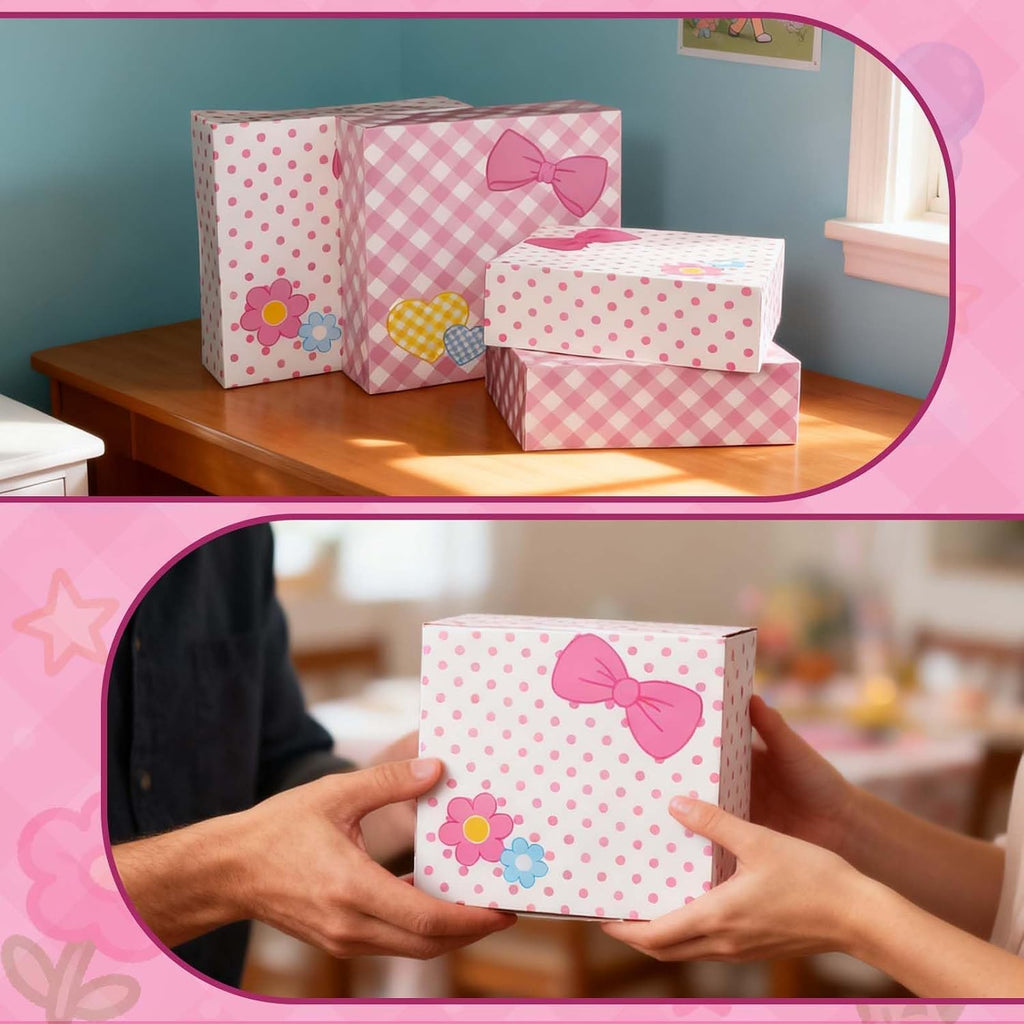 6Pcs Designed Gift Boxes With Lids,Bow Pattern Shirt Box, 12 * 12 * 4Inch Extra Large Pink and White Medium Clothes