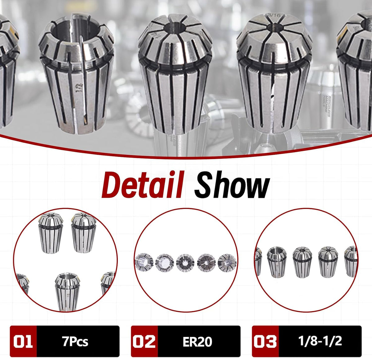 findmall 7Pcs ER20 Spring Collet Set 1/8-1/2 CNC Milling Lathe Tool