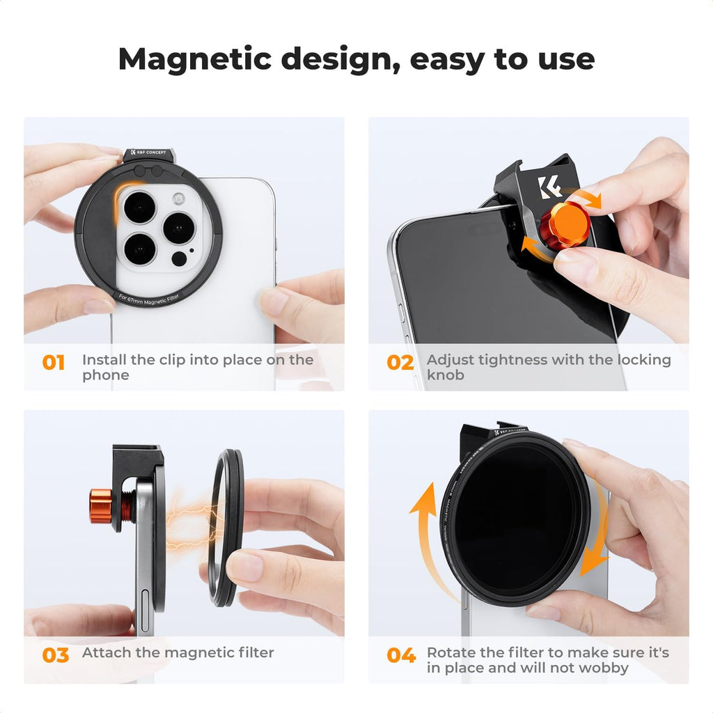 Clip On 67mm Variable ND2-32 Magnetic Phone Lens Filter Kit | Magnetic Adapter Ring/Cold Shoe/Locking Knob, Neutral
