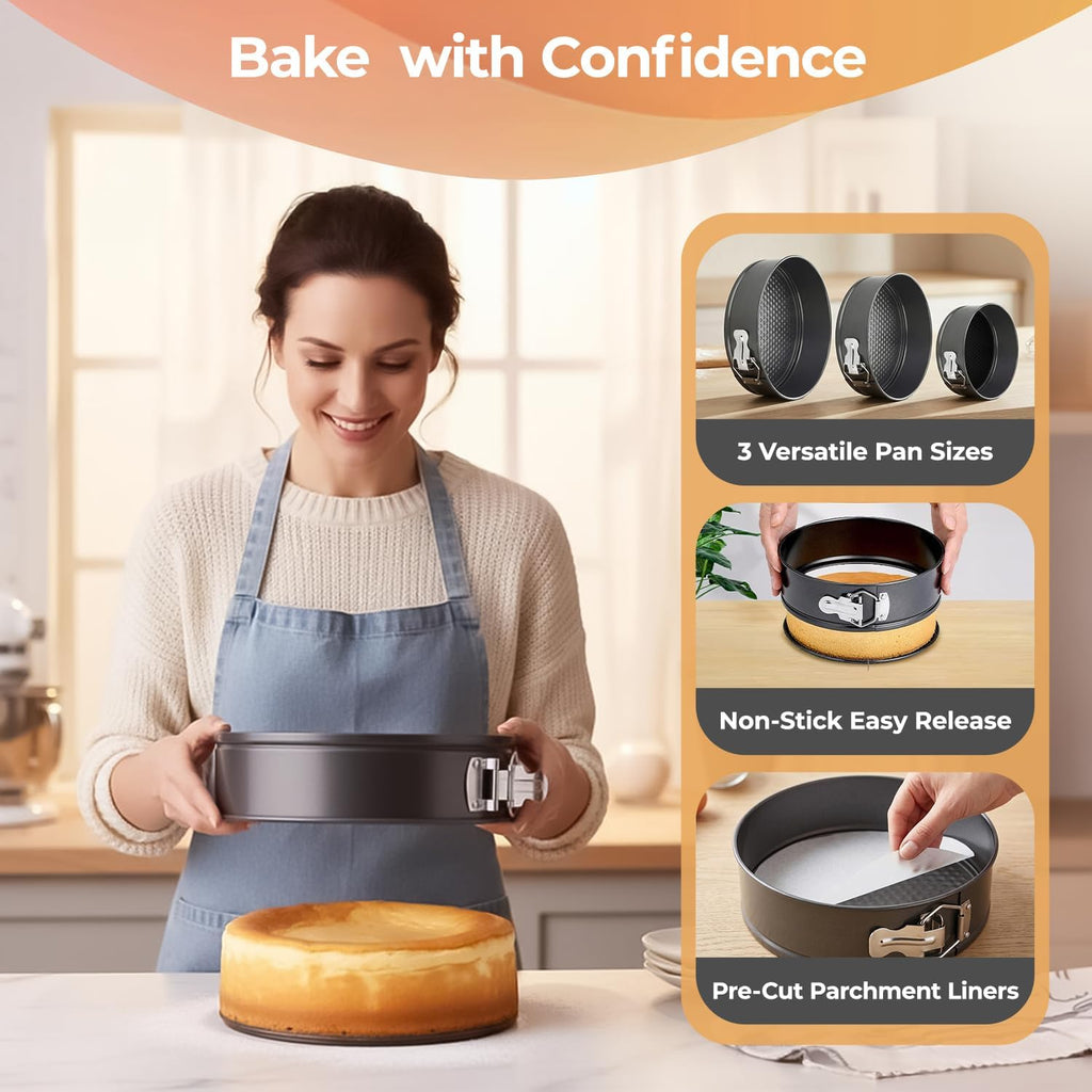 100pcs Cake Pan Sets for Baking + Cake Decorating Supplies: 3 Non-Stick Springform Pans Set (4, 7, 9 inches), Icing