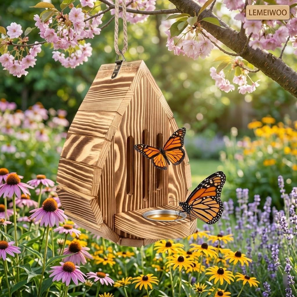 Torched Wood Butterfly House with Feeder, Hanging Insect Habitat for Garden Outdoor, 2-in-1 Backyard Pollinator