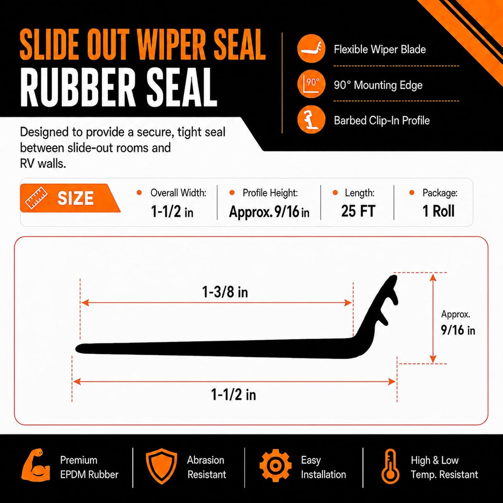 R854056 RV Slide Out Wiper Seal, 1-1/2 in x 25 FT, Clip-On