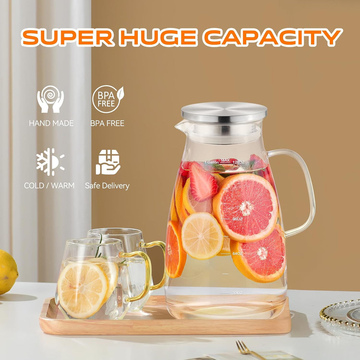 Glass Pitcher with Lid and Handle, Glass Water Pitchers, 1 Gallon