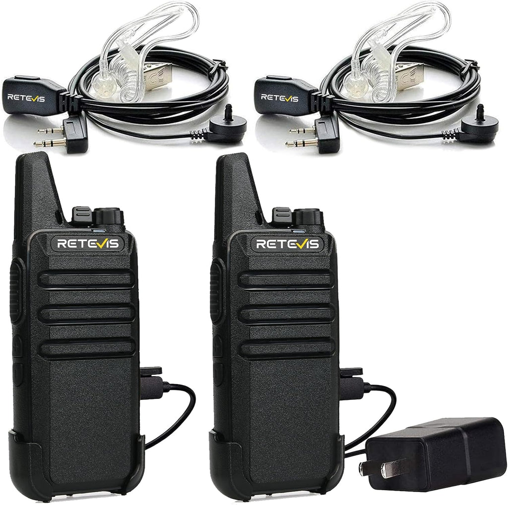 RT22 Walkie Talkies Long Range Rechargeable with Earpiece (2 Pack) | Slim & Lightweight 2 Way Radio For Camping &
