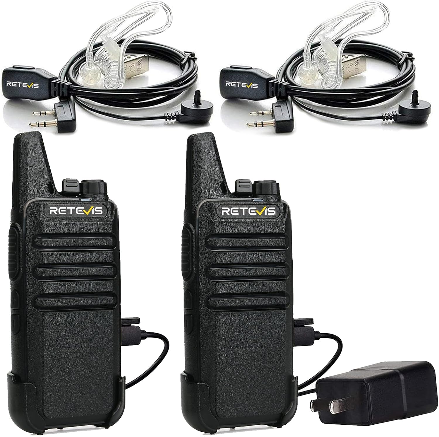 RT22 Walkie Talkies Long Range Rechargeable with Earpiece (2 Pack) | Slim & Lightweight 2 Way Radio For Camping &