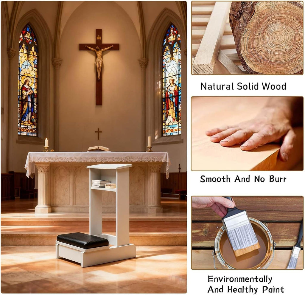 Prayer Kneeler Bench 20x16.5x33In Solid Wood Prayer Table Prayer Bench Stool with Shelf and Cushion Pad Church Pulpit
