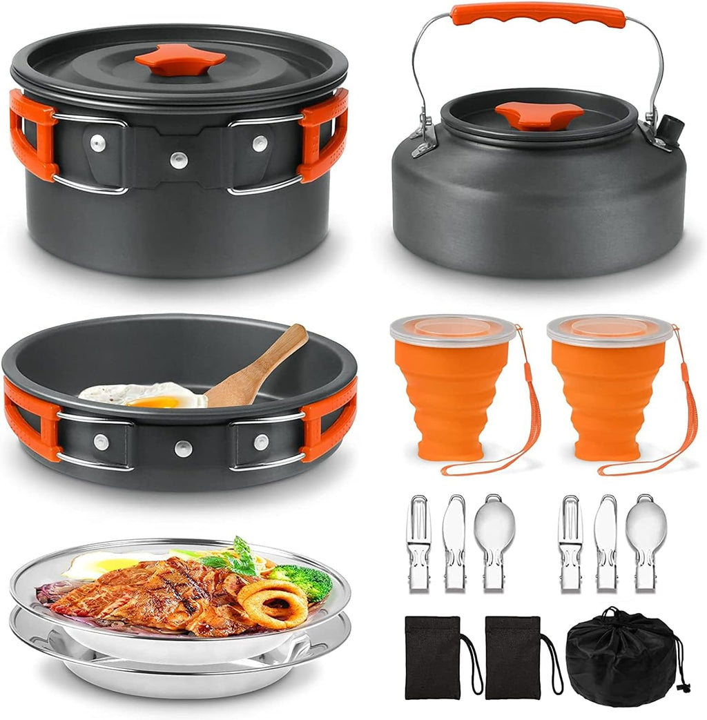 Camping Cooking Set Camping Cookware Outdoor Aluminum Mess Kit with Frying Pan, Pot with Lid, 1.2L Kettle Set and 2