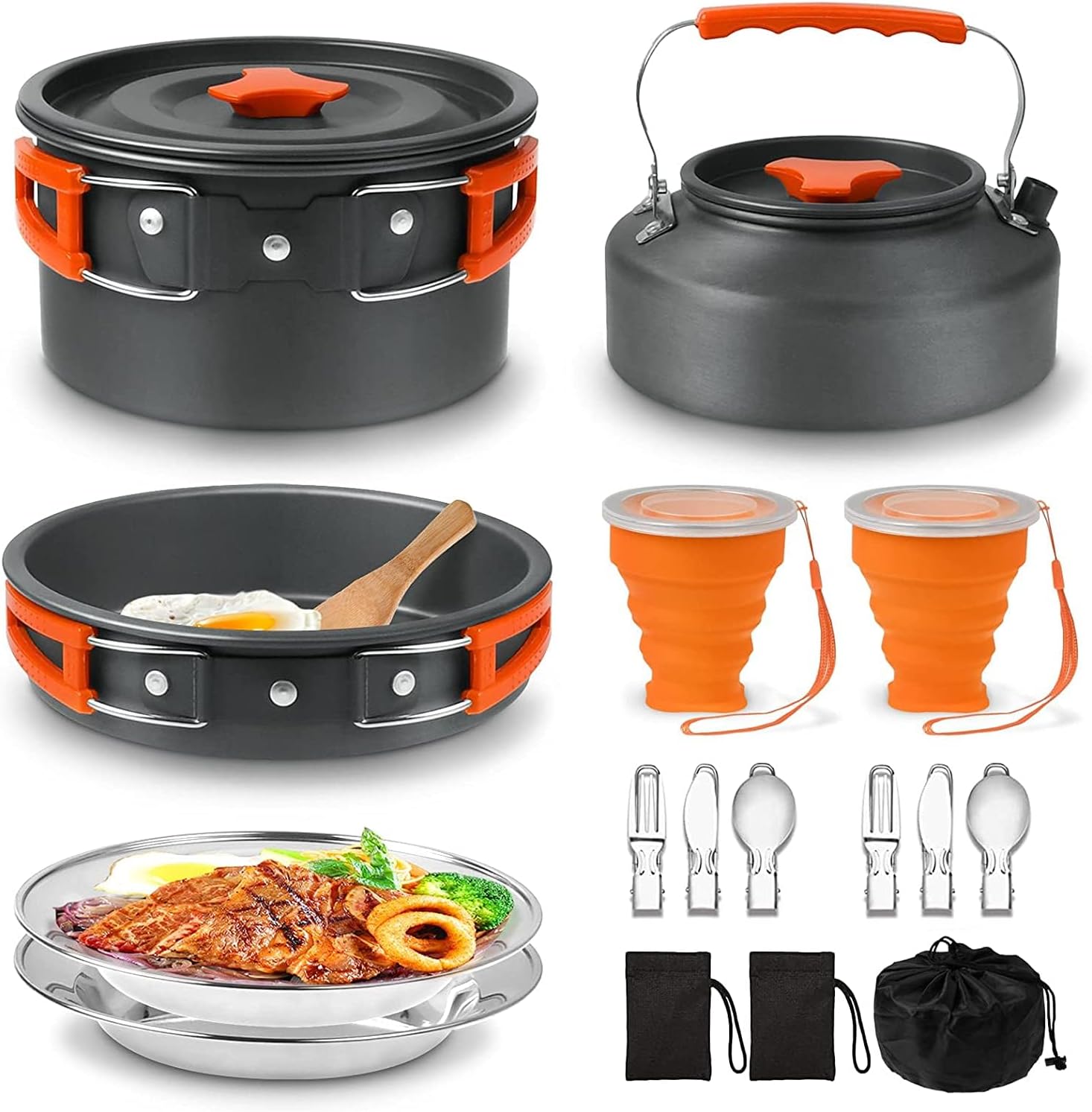 Camping Cooking Set Camping Cookware Outdoor Aluminum Mess Kit with Frying Pan, Pot with Lid, 1.2L Kettle Set and 2