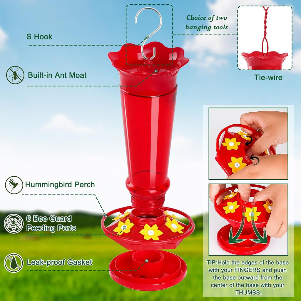 10 OZ Glass Hummingbird Feeders for Outdoors Hanging - Red 2 Pack, Ant & Bee Proof and 6 Feeding Ports, Garden Yard