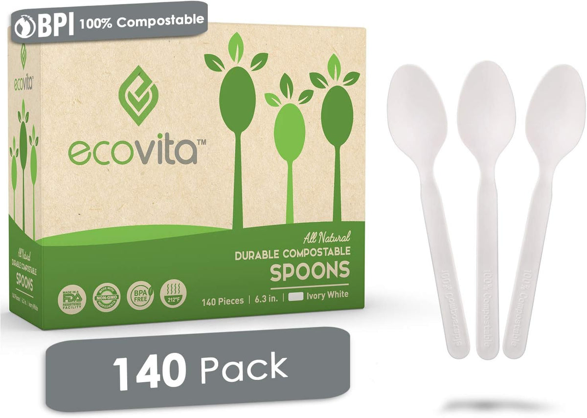 100% Compostable Spoons - 140 Large Disposable Utensils (6.3 in.) Eco Friendly Durable and Heat Resistant Alternative
