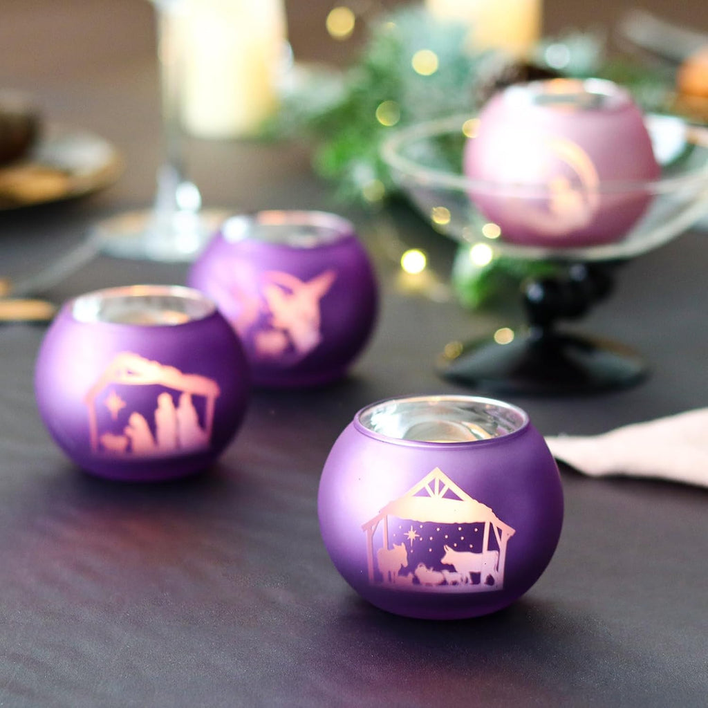 Advent Candle Holders Set of 4, Glass Tealight Votive Candle Hodlers Tabletop Nativity Christmas Table Decorations