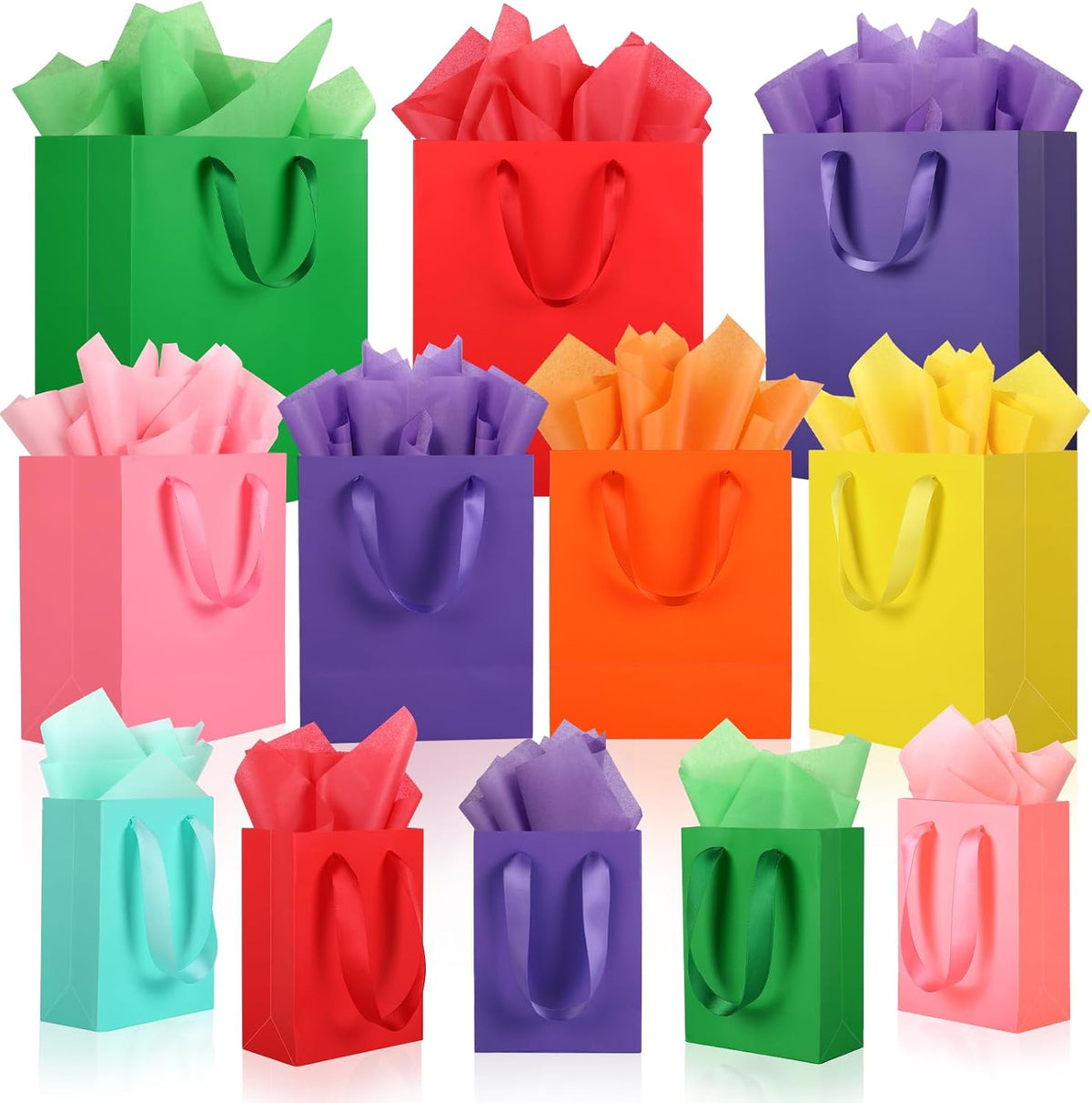 12 Pack Gift Bags with Handles & 24 pc Tissue Paper, Assorted Sizes