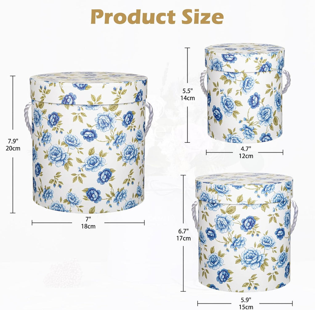 White and Blue Gift Box with Lids Set of 3 Round Nesting Gift Boxes for Presents 3 Assorted Sizes Flowers