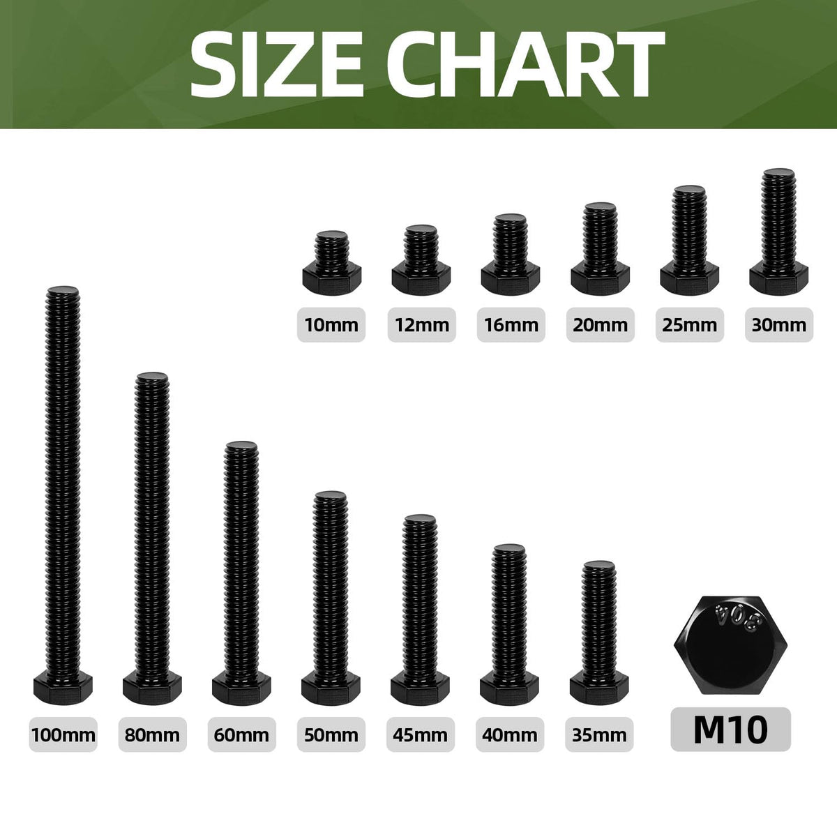 10 PCS M10 x 30mm Hex Head Screw Bolt, Stainless Hex Bolts, Full Thread, 18-8 Stainless Steel (304), Black Coating