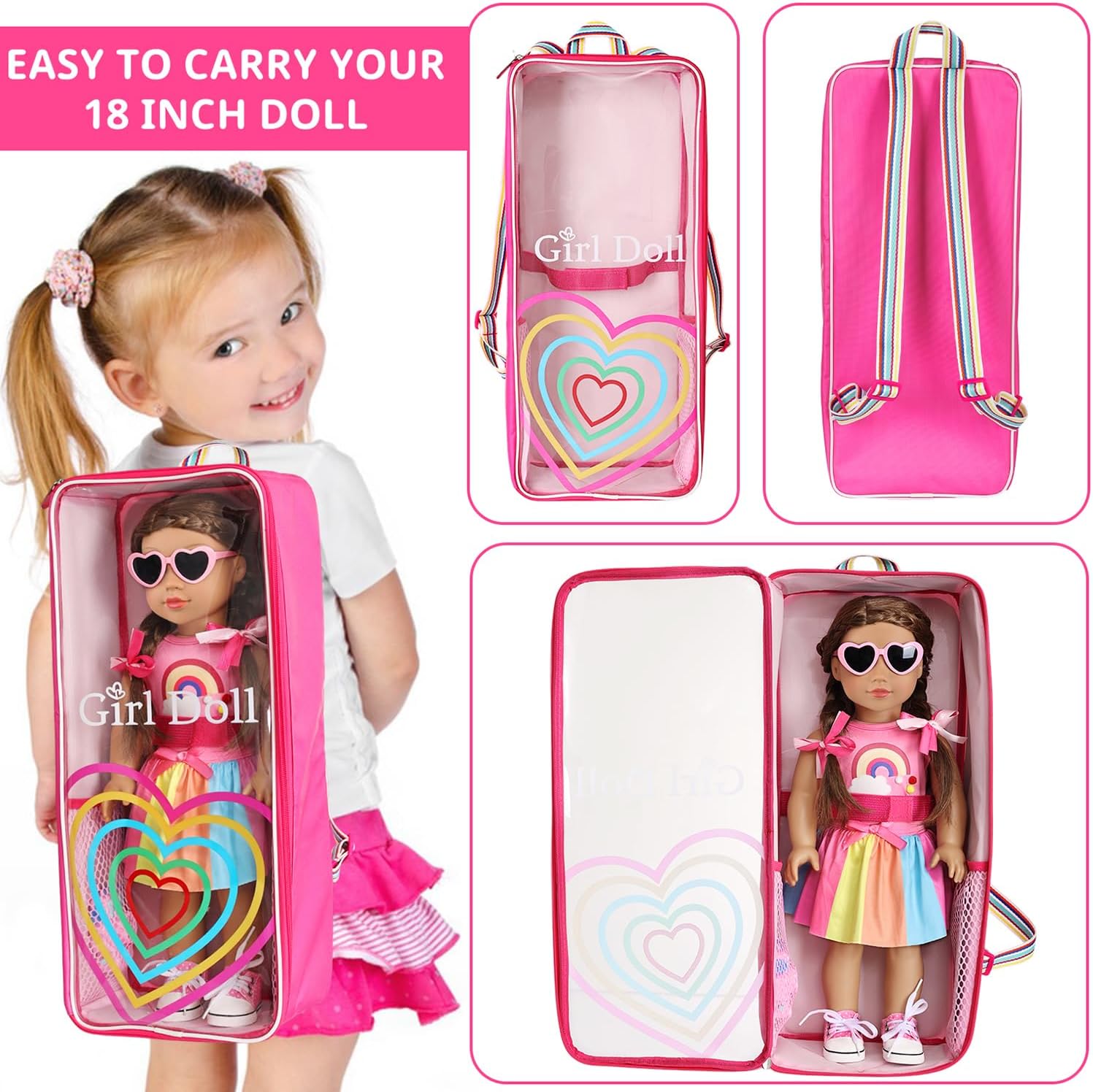 18" Girl Doll Carrier Backpack Rainbow Heart Style Playset, 9-Piece Accessory Collection with Bag, Hair Bows