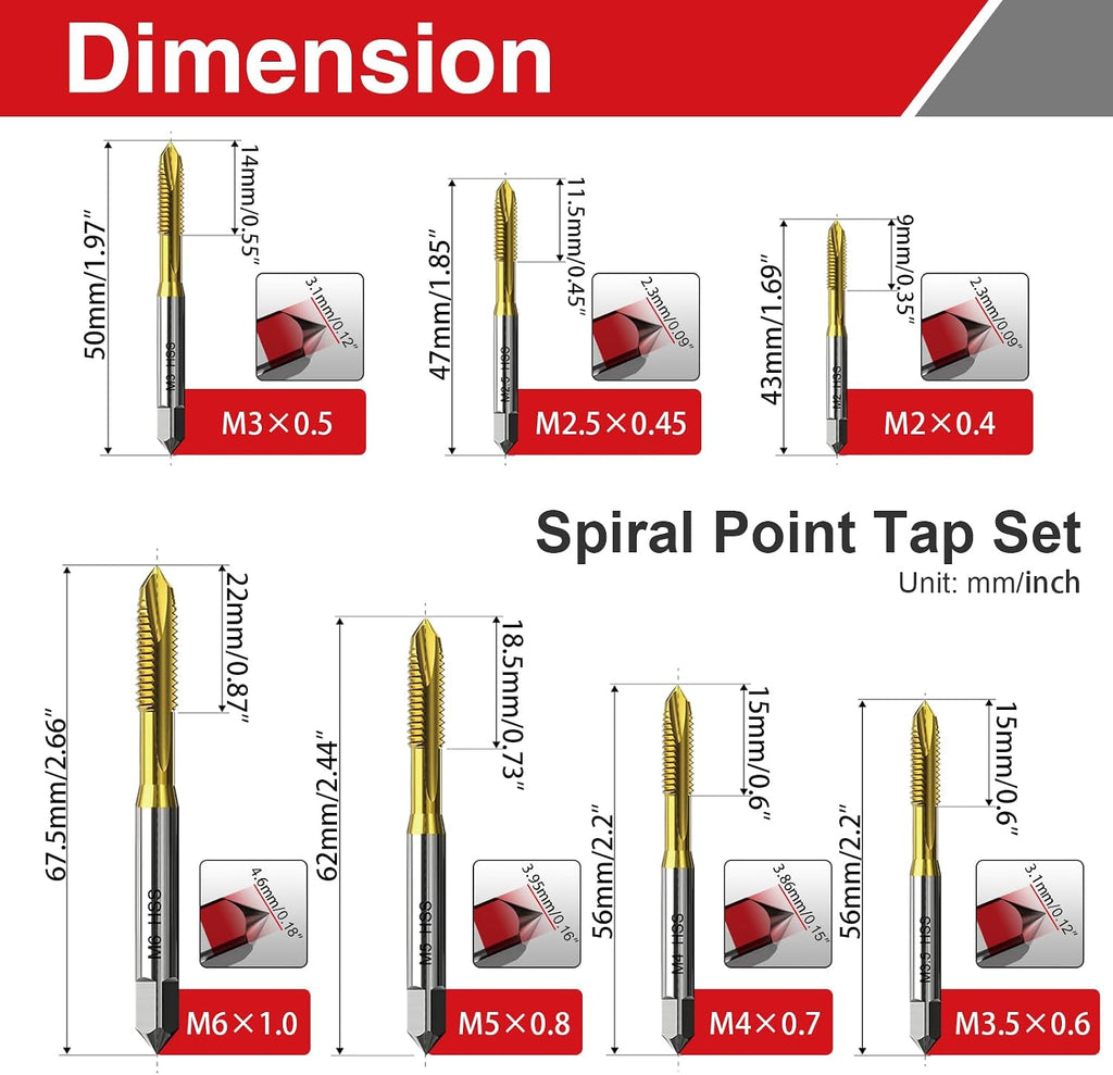 7Pcs Metric Thread Tap Set, Titanium Coated HSS 6542 Thread Milling Taps