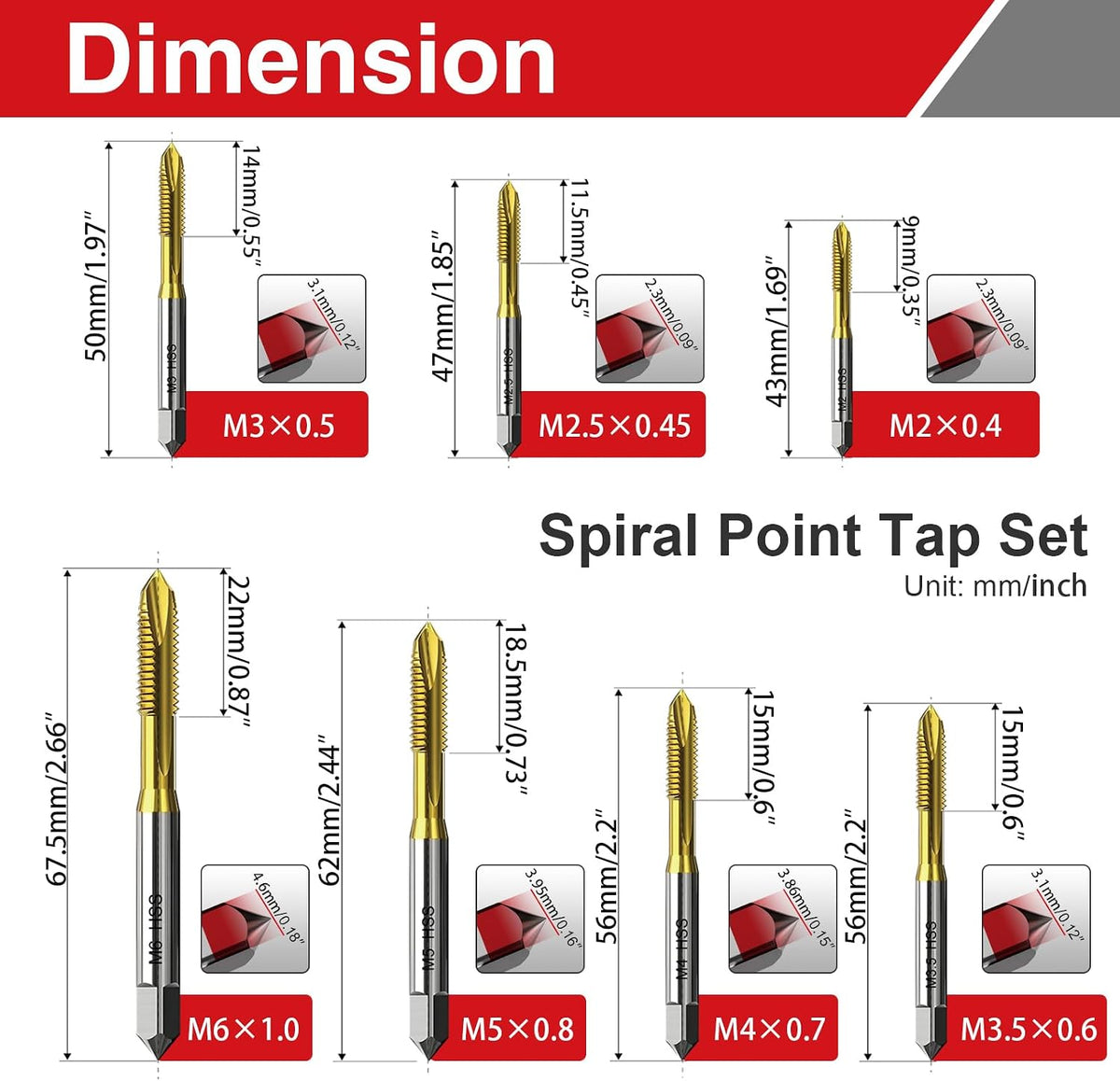 7Pcs Metric Thread Tap Set, Titanium Coated HSS 6542 Thread Milling Taps
