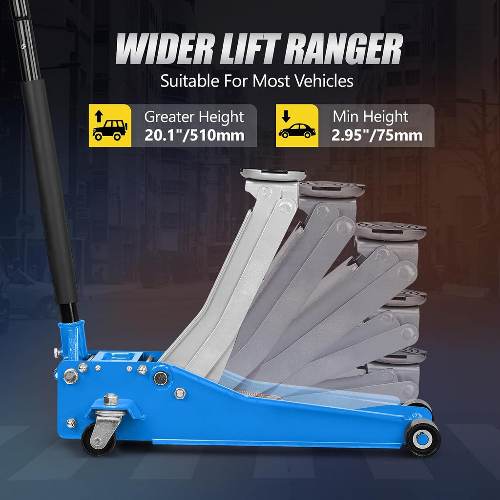 3 Ton Floor Jack, Aluminum and Steel Low Profile Jack with Dual Pistons Quick Lift Pump for Cars & SUVs, Lifting