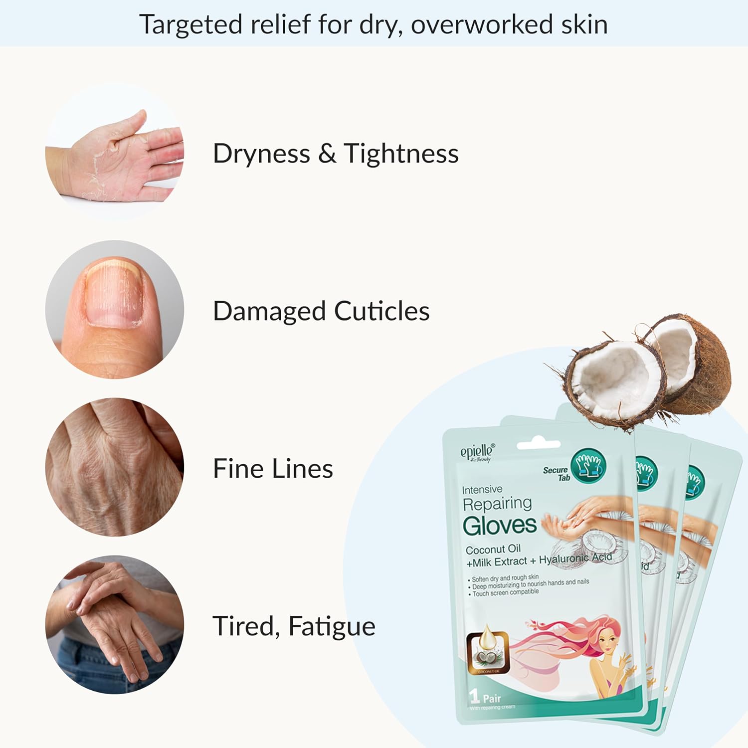 Intensive Repairing Hand Mask 6 Pairs, Soften with Coconut Oil & Milk Extract, Deep Moisturizing Gloves for Dry