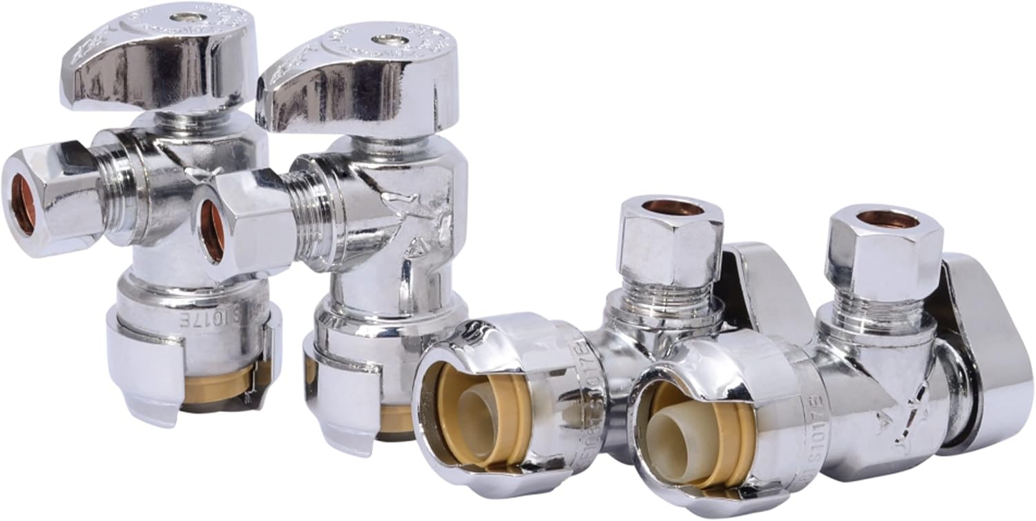 1/2 x 3/8 Inch Compression Angle Stop Valve, Pack of 4, Quarter Turn, Push to Connect Brass Plumbing Fitting, PEX