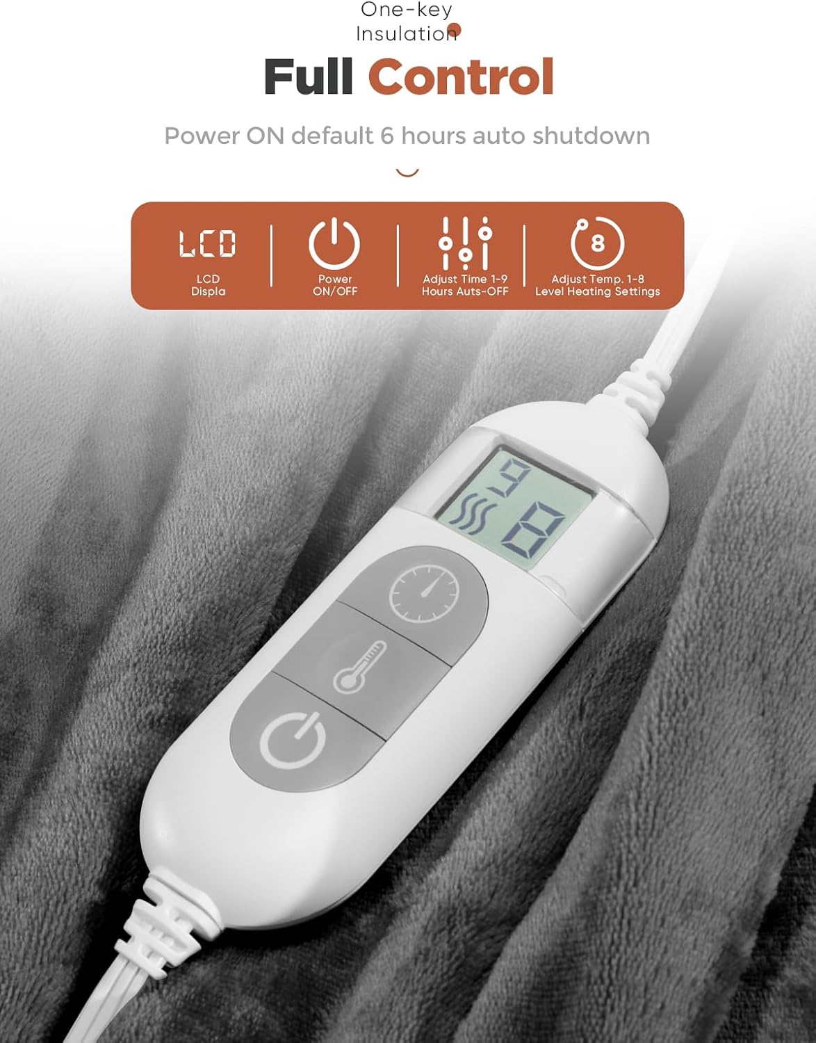 Heated Throw Blanket with 1-9 hrs Timer Auto-Off & 8 Heating Levels，Flannel Electric Blanket Throw ETL