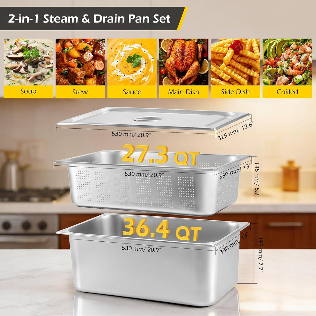 Hotel Pans with Lids Full Size 6 Inch, 8 Inch Steam Table Pans
