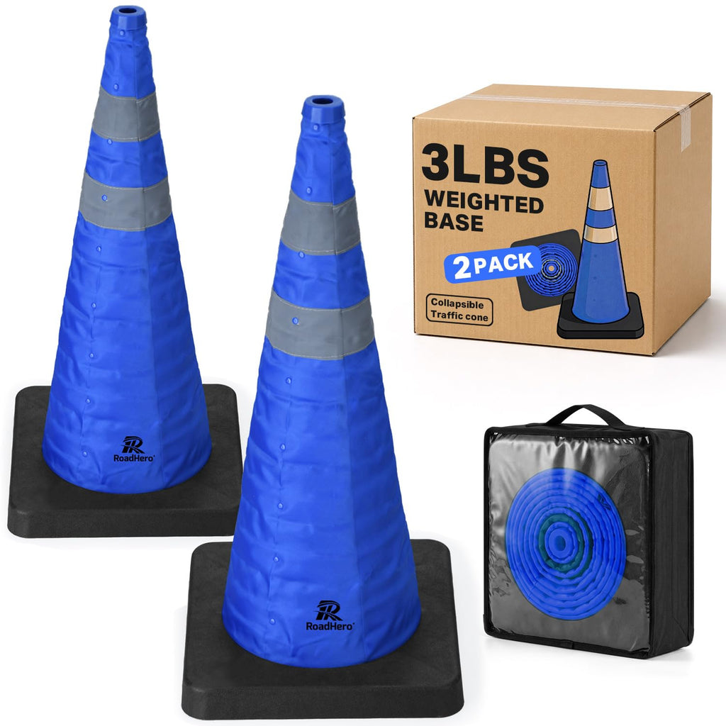 28 Inch 2 Pack Collapsible Traffic Cones with Weighted Base,Blue