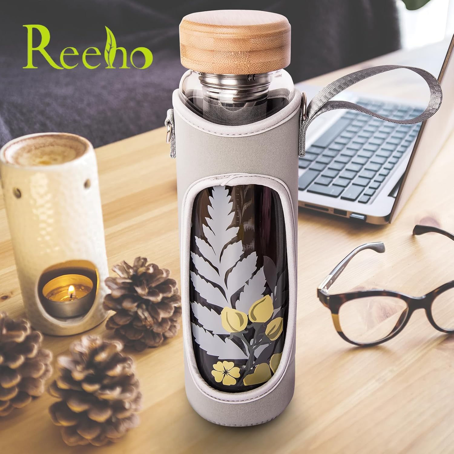 32oz Borosilicate Glass Water Bottle with Tea Infuser, Tea Tumbler with Strainer, Reusable Travel Mug with Sleeve & 2