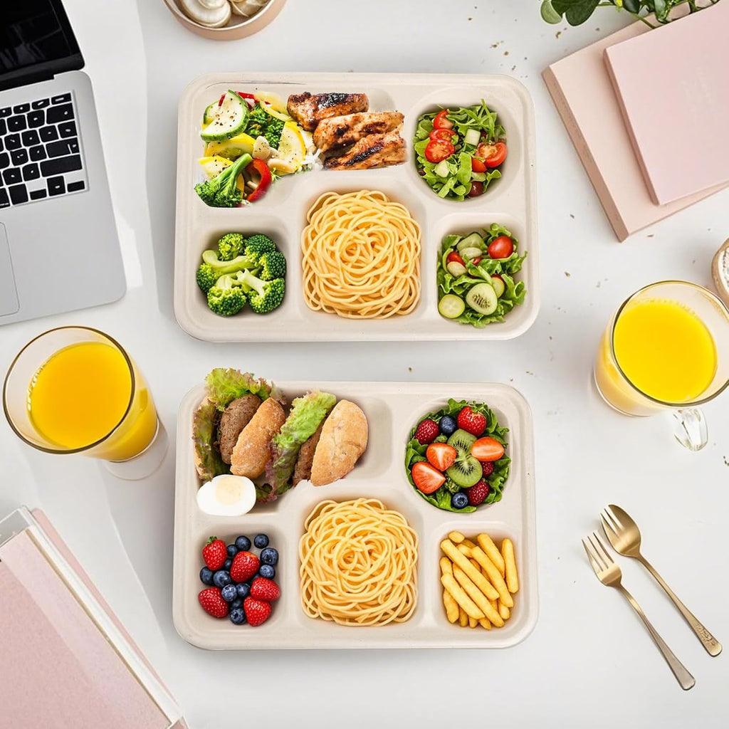 50 Pack 5 Compartment Paper Plates Disposable, 11" x 8" Compostable Bagasse Plate School Lunch Trays, Biodegradable