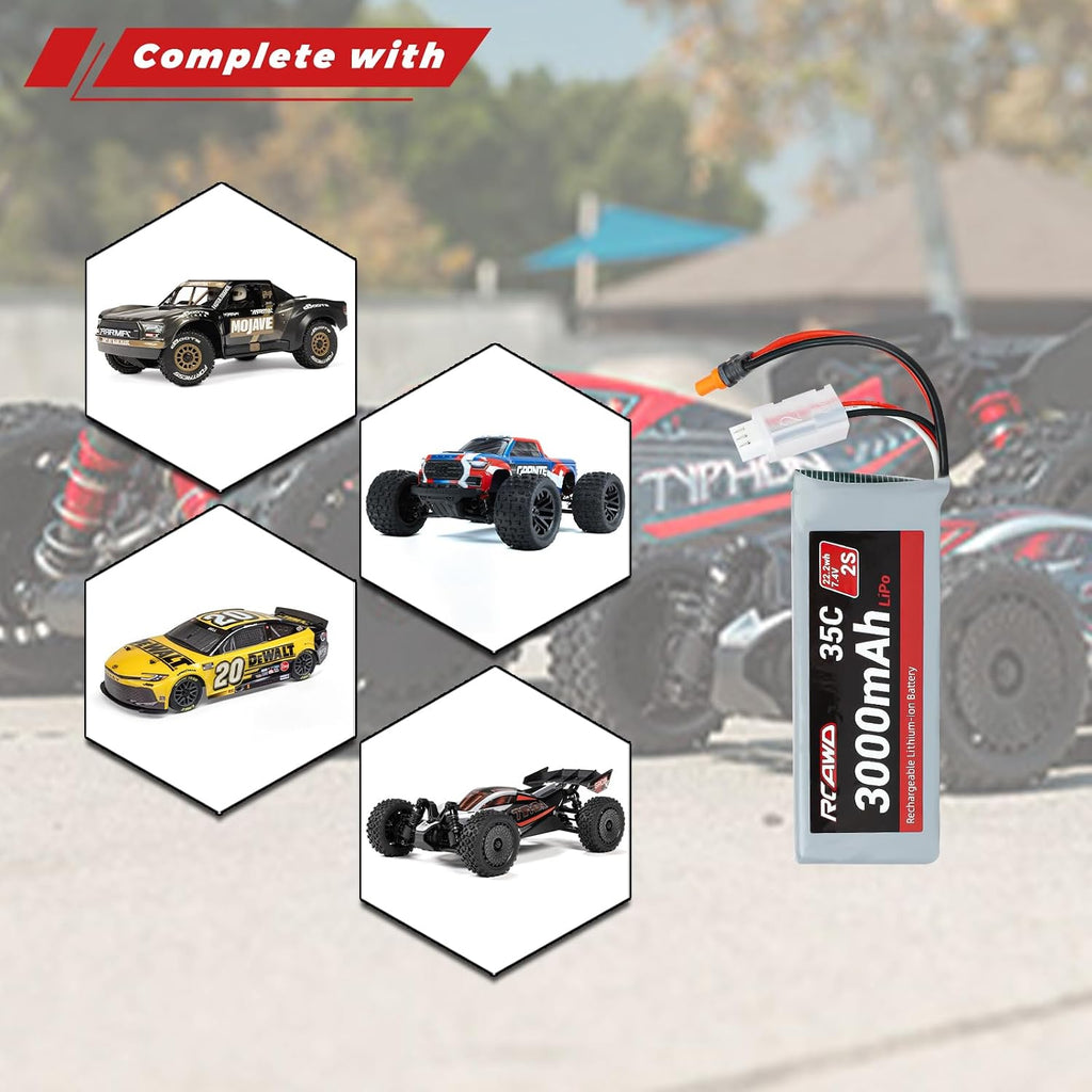 7.4V Lipo Battery 2S 35C with JST Plug IC2 Connector and 3S 7.4V 1.3A Charger for 1/12 Losi Brushed Arrma Grom 2S