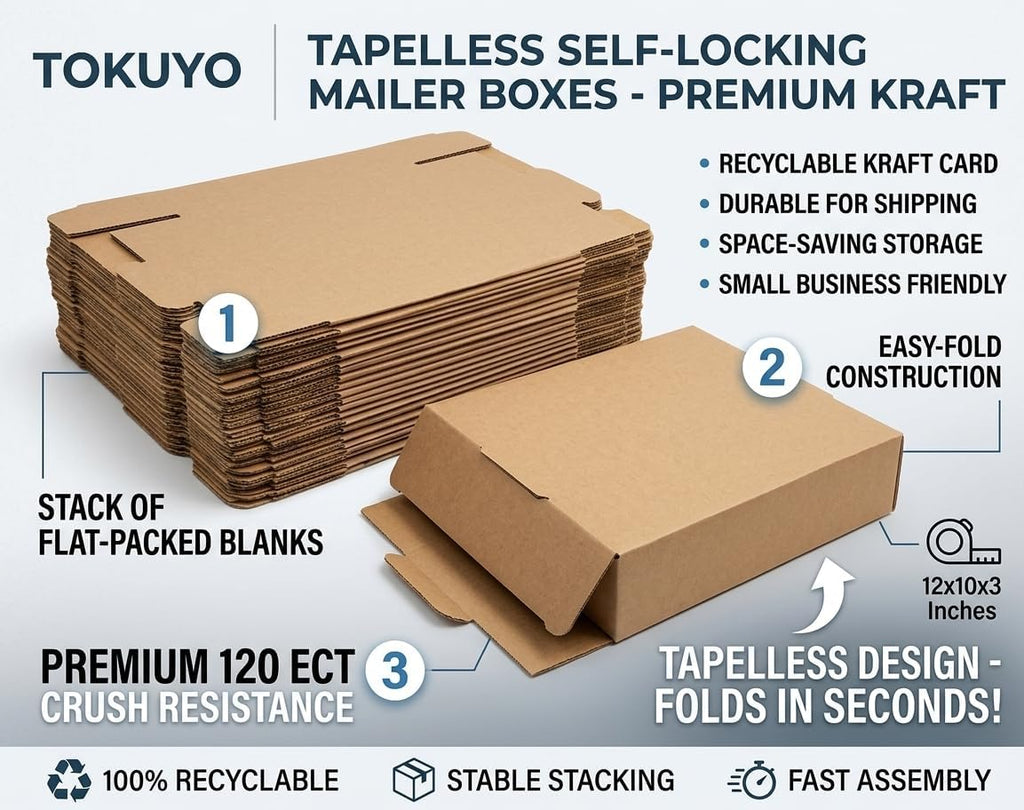 12x10x3 Inches Tapeless Shipping Boxes Pack of 50 - Self-Locking Small Corrugated Cardboard Mailer Boxes for Business