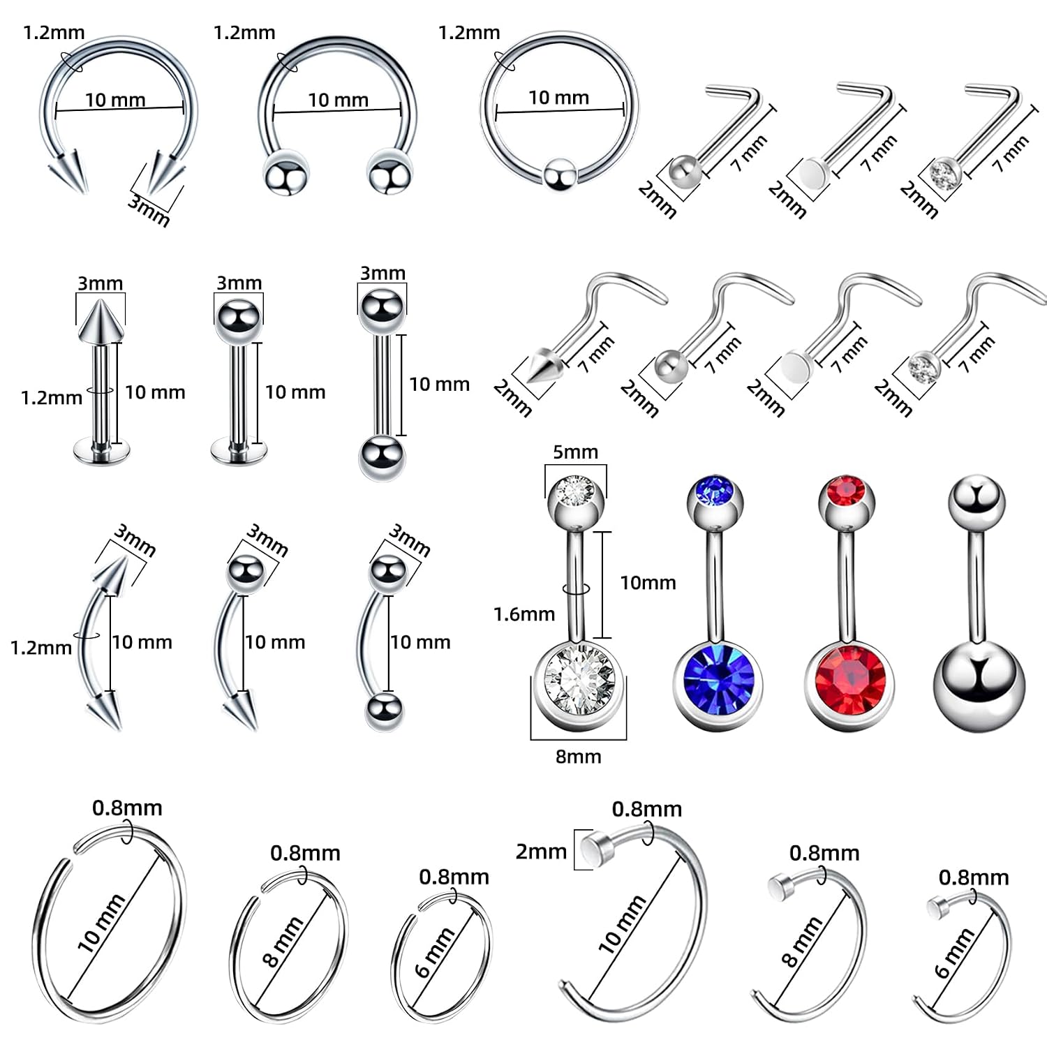 89 Pcs Body Piercing Kit for All Body Piercings Nose Piercing Stainless Steel Piercing Jewelry with 12G 14G 16G 20G