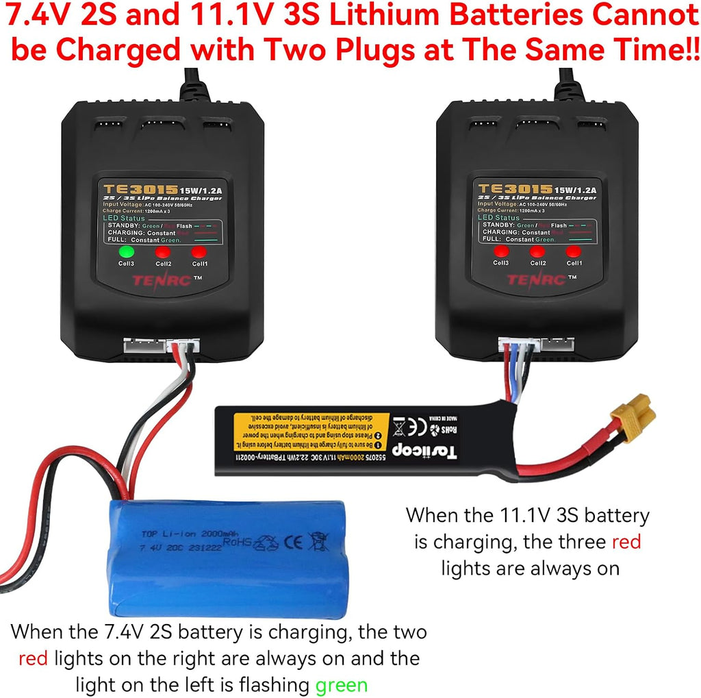 LiPo Battery Charger - 2S 3S RC Batteries Balance Chargers AC 7.4-11.1V 15W 1.2A with XH3P XH4P Plug for RC Car LiPo