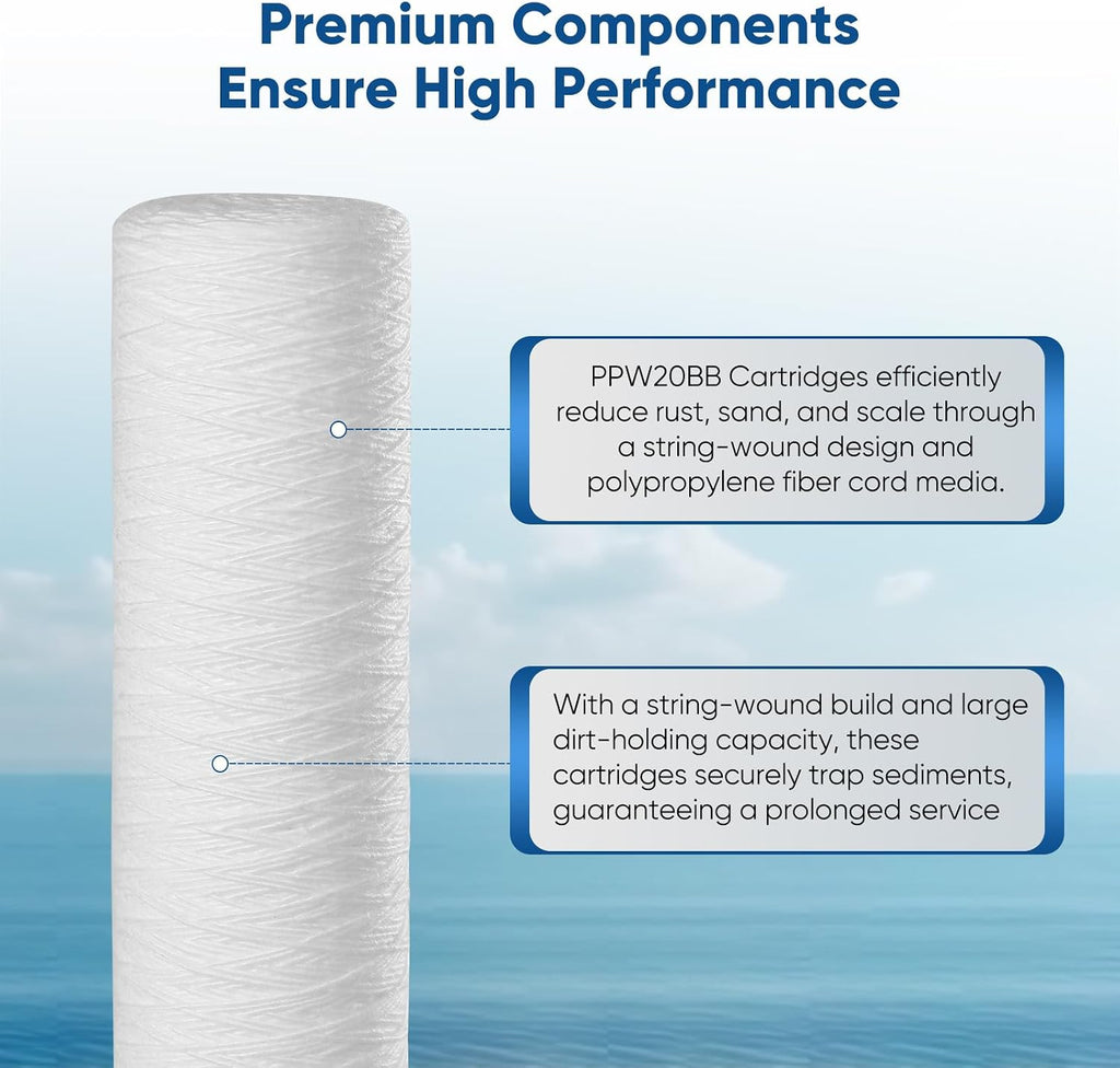 PUREPLUS 5 Micron 20"x4.5" Whole House String Wound Sediment Filter 4 Pack