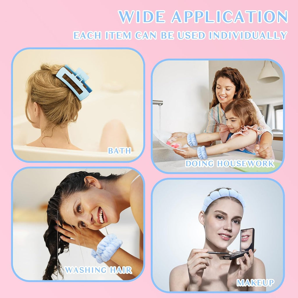 Spa Headband And Wristband Set Skincare Headband For Washing Face Hair Claw Clips For Thick Hair Cute Blue Puffy